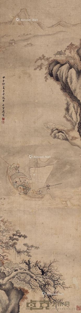 上官周 泛舟图 126×32cm