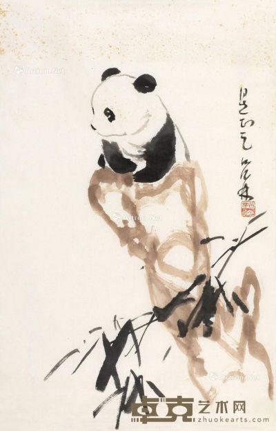 吕林 熊猫竹石图 68×44cm