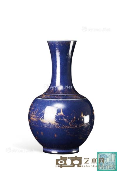 清乾隆 霁蓝描金山水赏瓶 高38.5cm