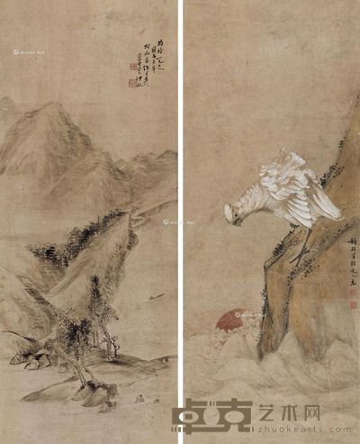 伍德彝 鹰 山水 118×47cm×2