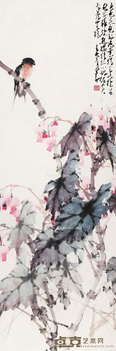 赵少昂 海棠小鸟 100×32cm