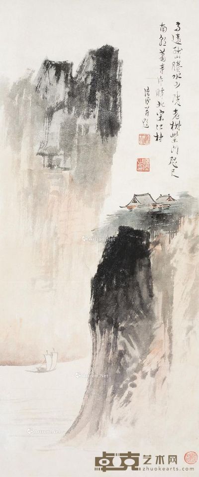 溥儒 江村萧寺图 65×27cm