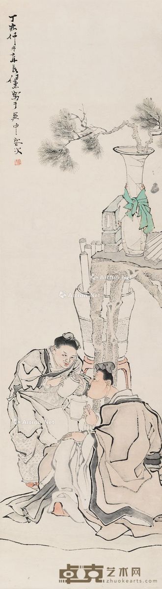 任薰 品茗图 143×38cm
