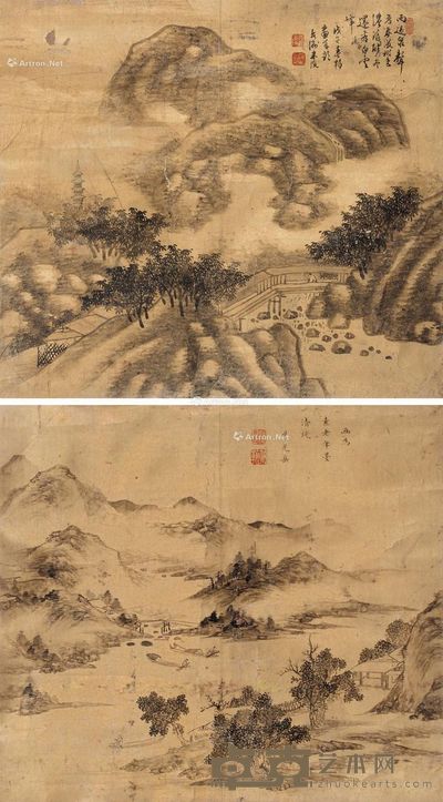孙光岳 朱陖 雨过泉声 37.5×42cm×2