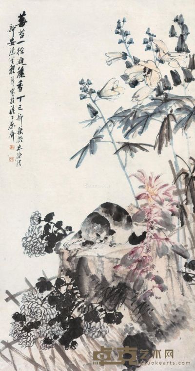 程璋 花卉猫 144×76.5cm