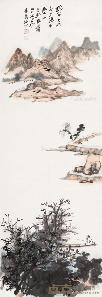 张大千 夕山垂钓 135.5×47cm
