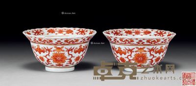 清道光 梵红彩描金花卉福寿碗 （二件） 直径9.3cm