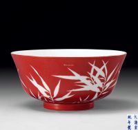 清宣统 珊瑚红釉竹纹碗