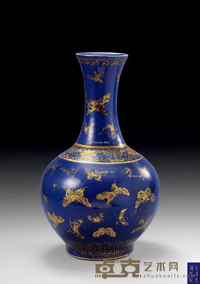 清光绪 霁蓝釉描金百蝶赏瓶 高37.8cm