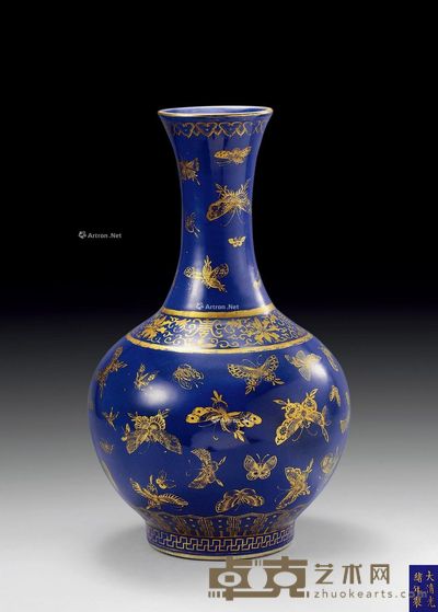 清光绪 霁蓝釉描金百蝶赏瓶 高38.2cm