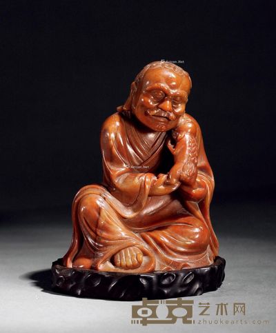 清中期 寿山石雕伏虎罗汉 高11.3cm