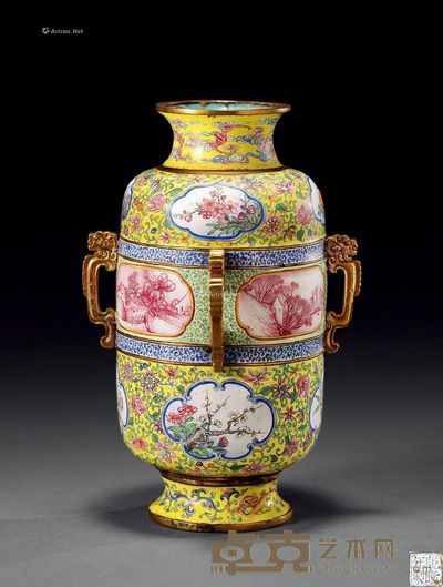 清乾隆 铜胎画珐琅黄地开光四系瓶 高20cm