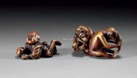 清中期 铜双猴、童子献寿笔架 （二件）