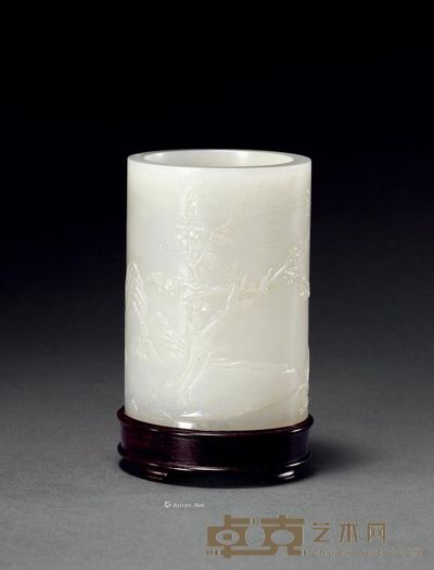清乾隆 白玉梅花诗文笔筒 高8.2cm