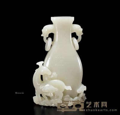 清初 白玉鹿衔枝双龙耳瓶 高13.5cm