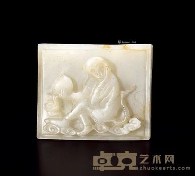 明 白玉灵猴献寿饰件 长6cm
