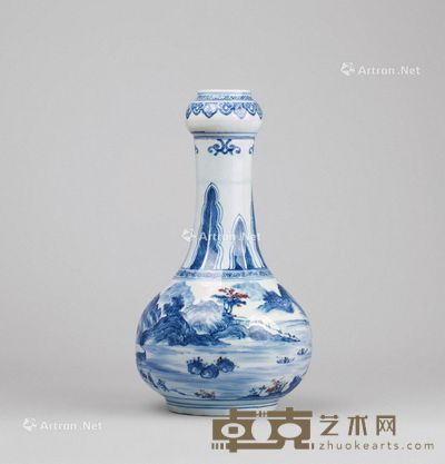 清代 青花釉里红山水纹蒜头瓶 高33.3cm