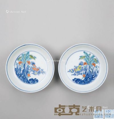 清代 门彩蕉石禽鸡纹盘 （一对） 高3.3cm；直径14.8cm