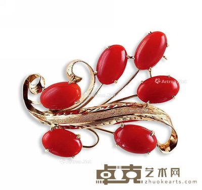 18K金珊瑚戒面胸针 --
