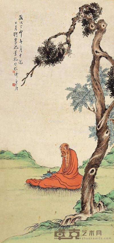 沈景乾 树下参禅 82×39cm