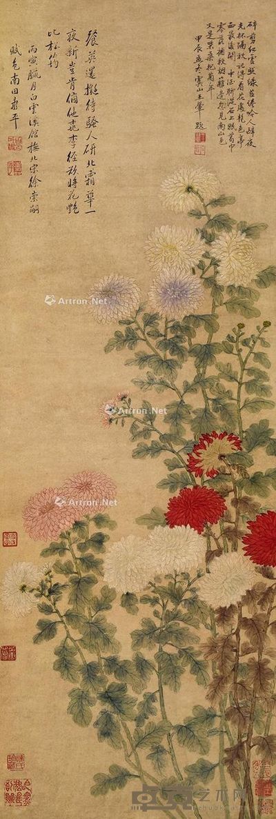 恽寿平 王翚 秋韵团菊图 118×39cm