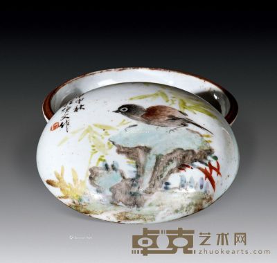 清 程焕文 浅绛花鸟印盒 直径10cm