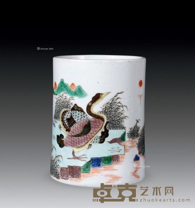 清 素三彩芦雁笔筒 高13cm