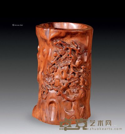 黄杨木松竹梅花笔筒 高14.5cm