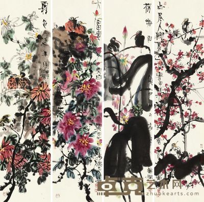 叶烂 四季花卉 137×34cm×4