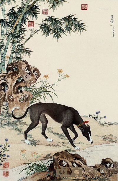 卢建英 苏绣 仿郎世宁十骏犬之《墨玉璃》 37.5×25cm