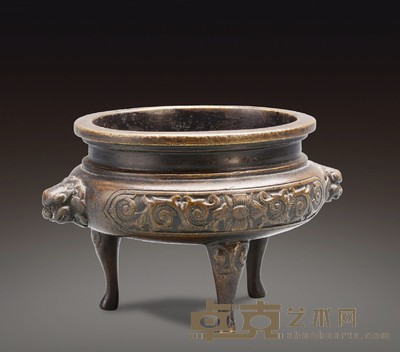 清代 狮耳高足炉 高:7.5cm 耳距:12cm
