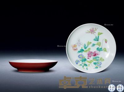 清雍正 外祭红内粉彩花卉纹盘 （一对） 直径14.8×2cm