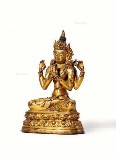 15世纪 西藏 铸铜鎏金四臂观音坐像