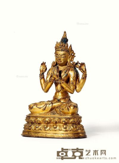15世纪 西藏 铸铜鎏金四臂观音坐像 高21cm