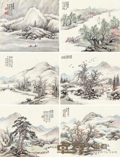 1905年作 仿宋元山水 册页 （六开） 设色纸本 42×36cm×6