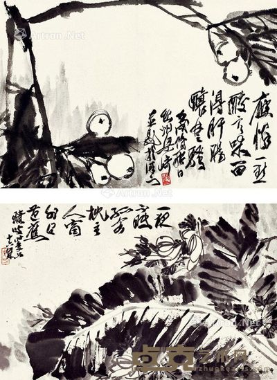 梁崎 花卉双挖 字39×27cm；画40×27cm