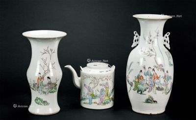 民国 粉彩人物茶壸和花瓶 （两件）（一组三件）