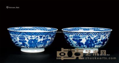 清   青花人物蟠龙碗 （两件一组） 直径20cm