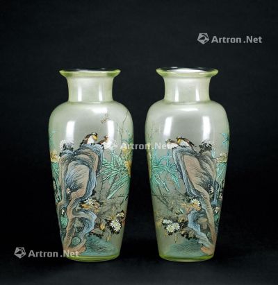 20世纪早期 料器 “花鸟”纹花瓶 （一对）