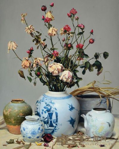周泉 青花瓷与花 130×60cm