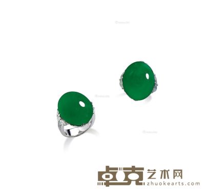 天然满绿翡翠蛋面配钻石戒指 --