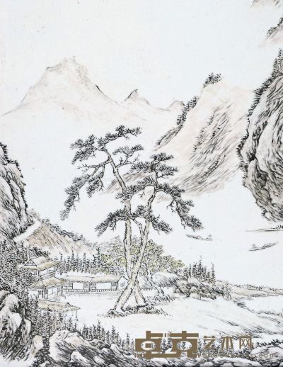 清 墨彩山水纹瓷板 45.5×55cm