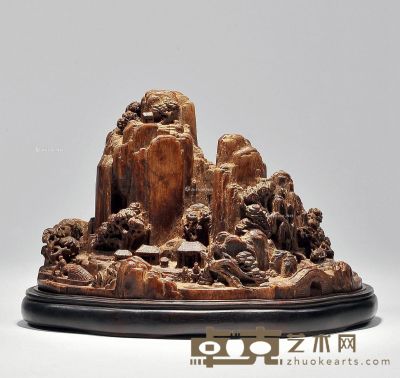 清中期 沉香雕“渔樵耕读”山子（配座） 长18cm