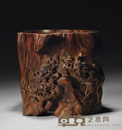 清中期 沉香木雕渔家乐图笔筒 高11.8cm