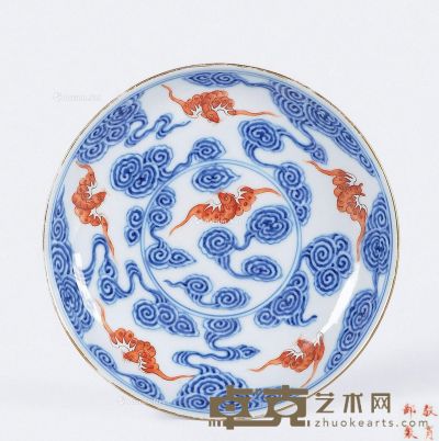 民国 青花矾红云蝠纹盘 直径14.2cm