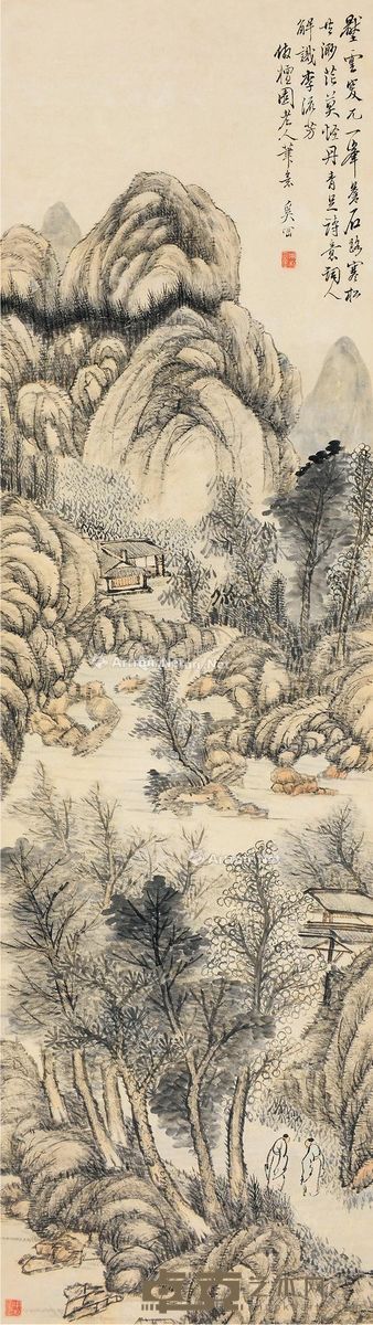 奚冈 山林访友 138.5×39cm