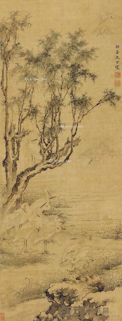 沈铨 群鹤图 107×41.5cm