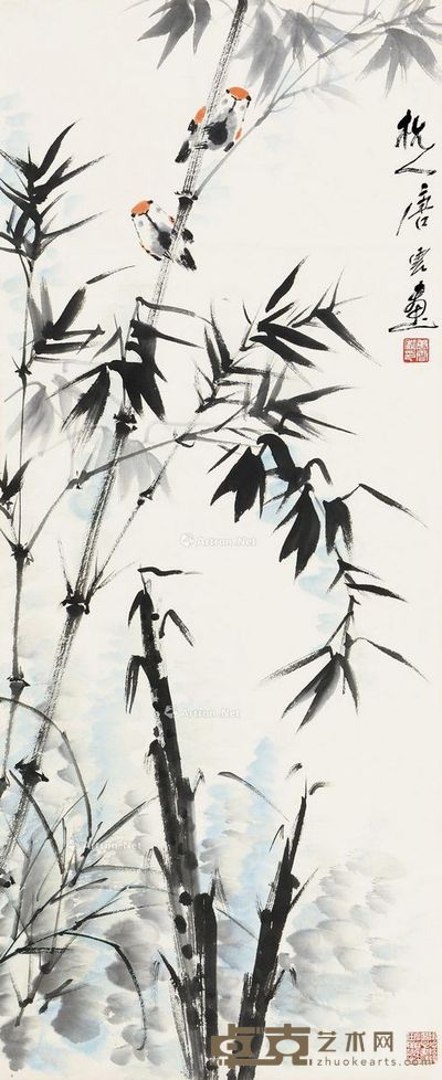 唐云 竹雀图 96×39cm