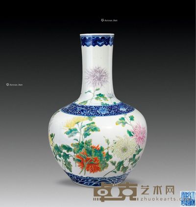 清光绪 景德镇窑青花粉彩菊枝纹天球瓶 高46cm