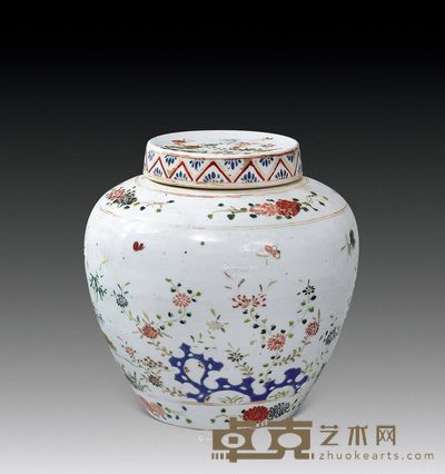 清早 粉彩花卉洞石纹盖罐 高16.5cm